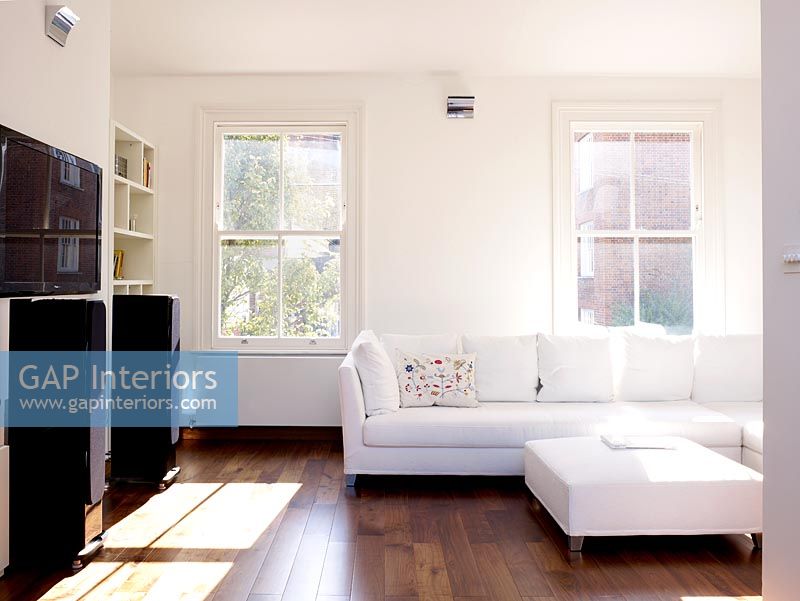 Modern white living room with dark wood flooring
