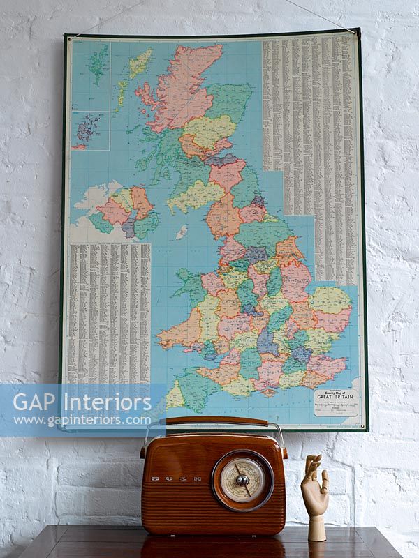 Map on wall with retro radio
