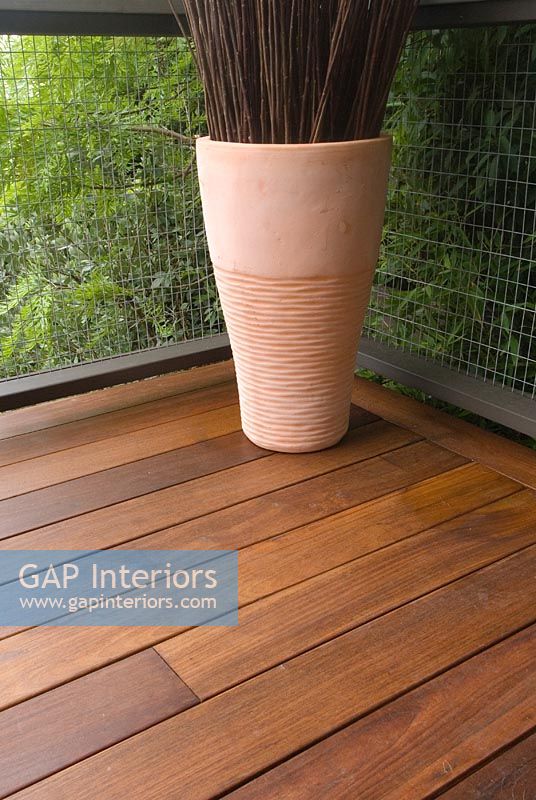 Detail of potted plant on hardwood deck