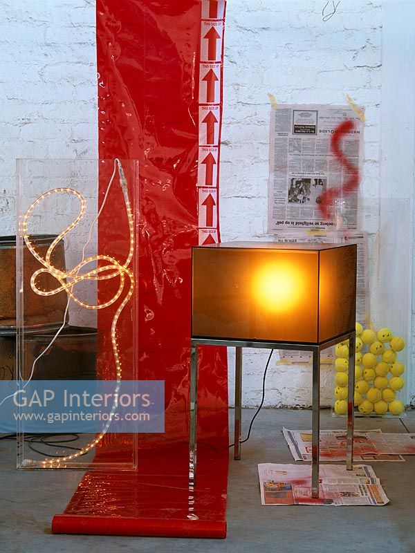 Modern floor lamp and a strand of lights