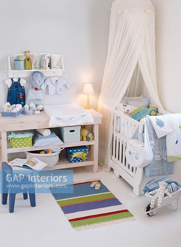 Childs bedroom with a canopy covered crib