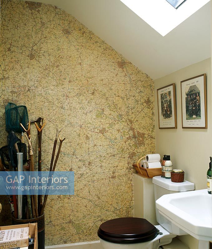 Classic bathroom with map wallpaper