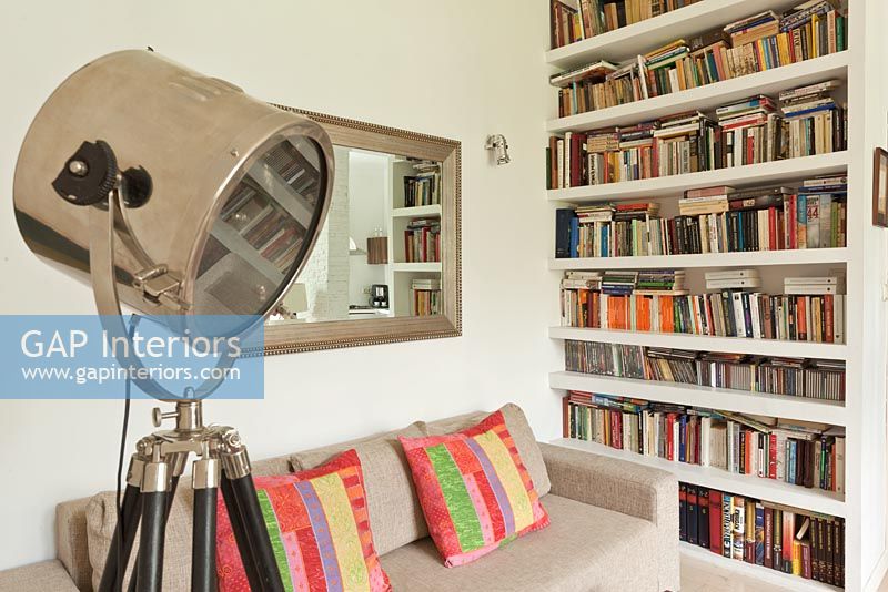 Modern living room with large bookcase 