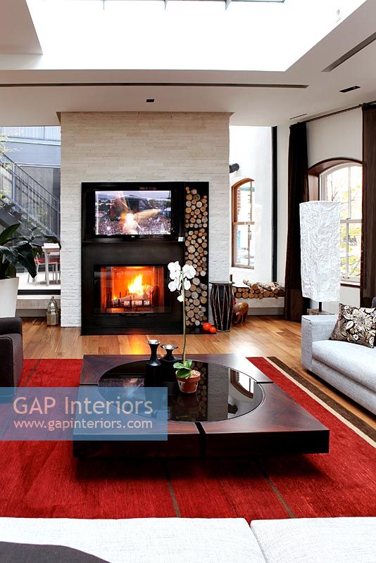 Modern living room with fireplace 