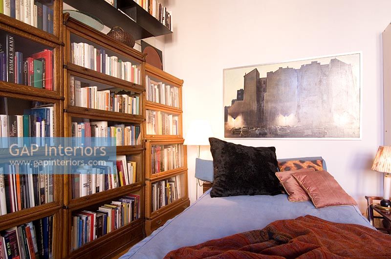 Modern bedroom with large bookcase