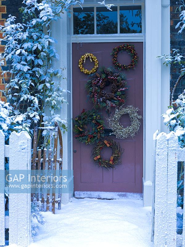 Wreaths on door at Christmas