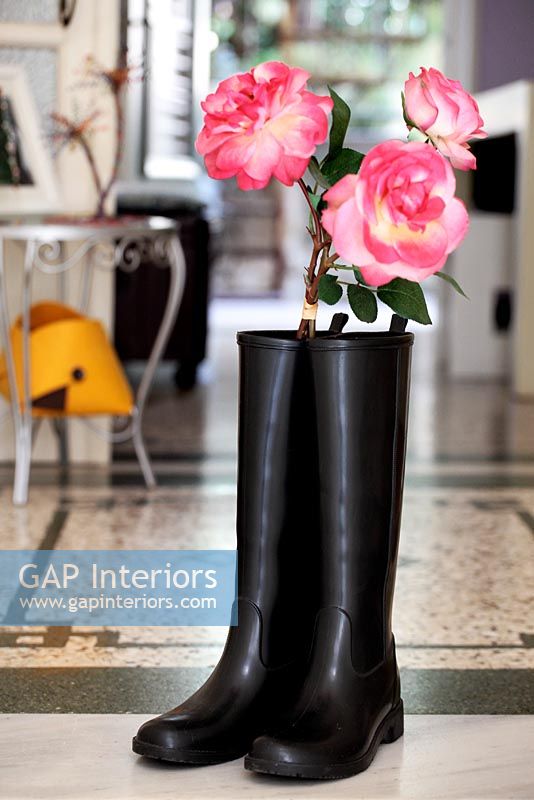 Pink Roses in wellington boots