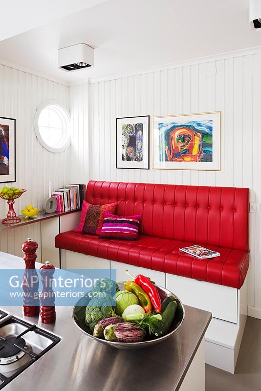 Red leather seat in modern kitchen
