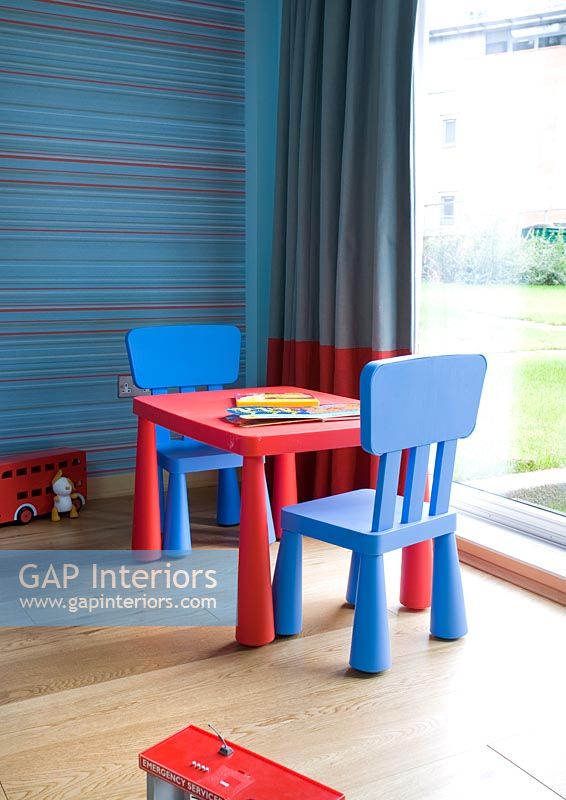 Colourful table and chairs in childrens room