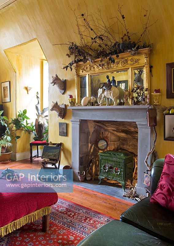 Classic eclectic living room with fireplace 