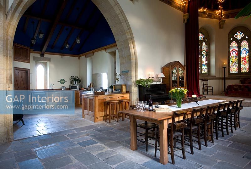 Open plan kitchen diner of converted church