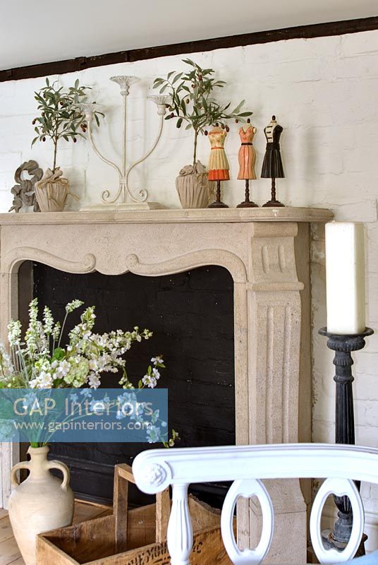 Stone fireplace in country living room 