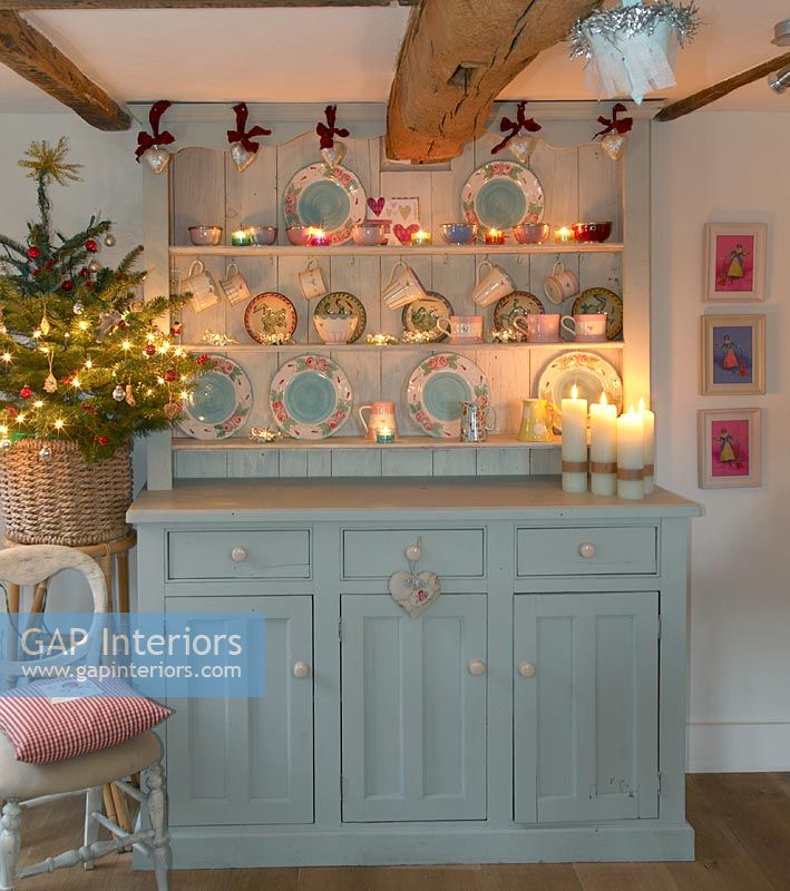 Dresser in country dining room at Christmas 