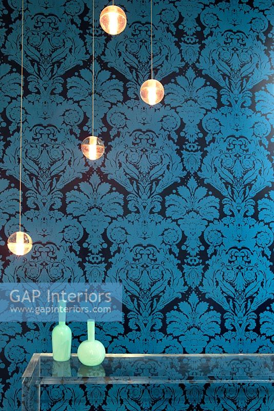 Detail of patterned blue wallpaper 