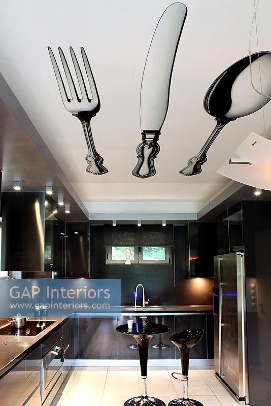 Contemporary black kitchen with ceiling mural