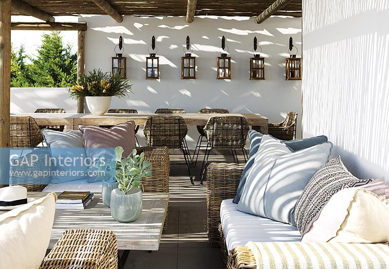 Terrace with wicker furniture