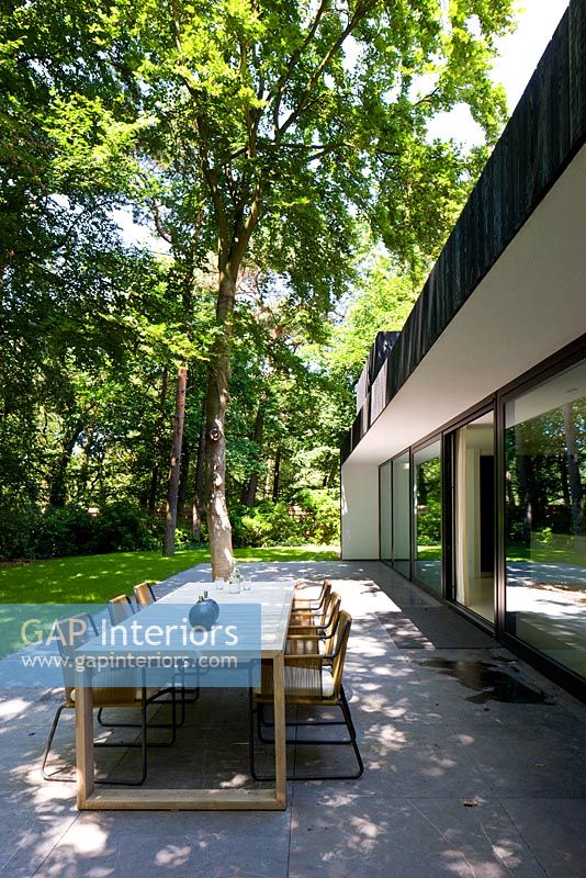 Contemporary patio in woodland garden