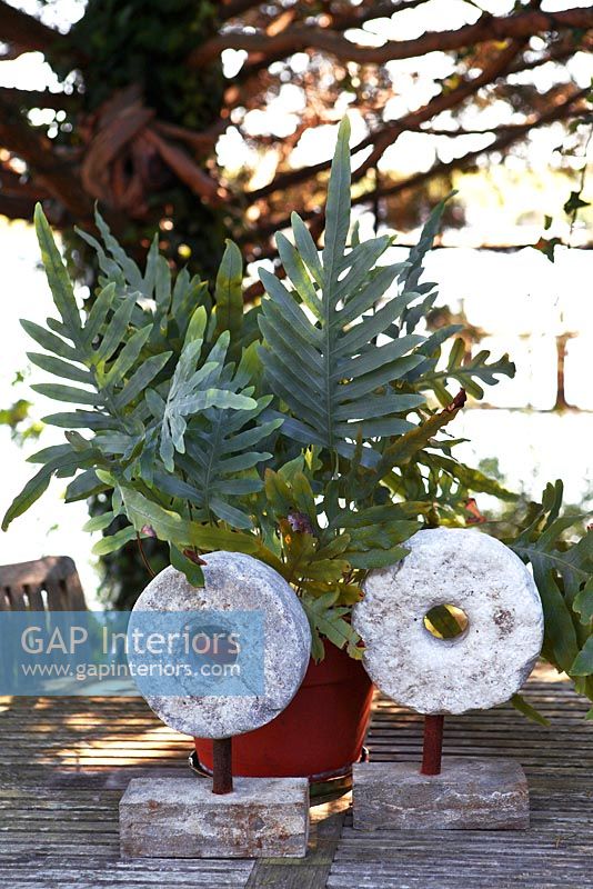 Stone ornaments and potted fern on wooden table