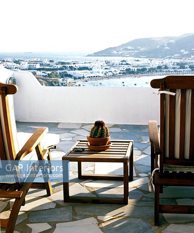 Wooden furniture on terrace, Greece