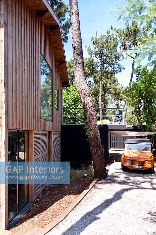 Contemporary wooden house surrounded by trees