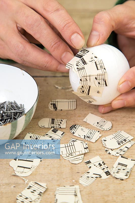 Step by Step guide for making paper cones using music sheet paper - Attaching cuttings to polystyrene ball using nails