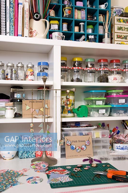 Crafts materials on shelves