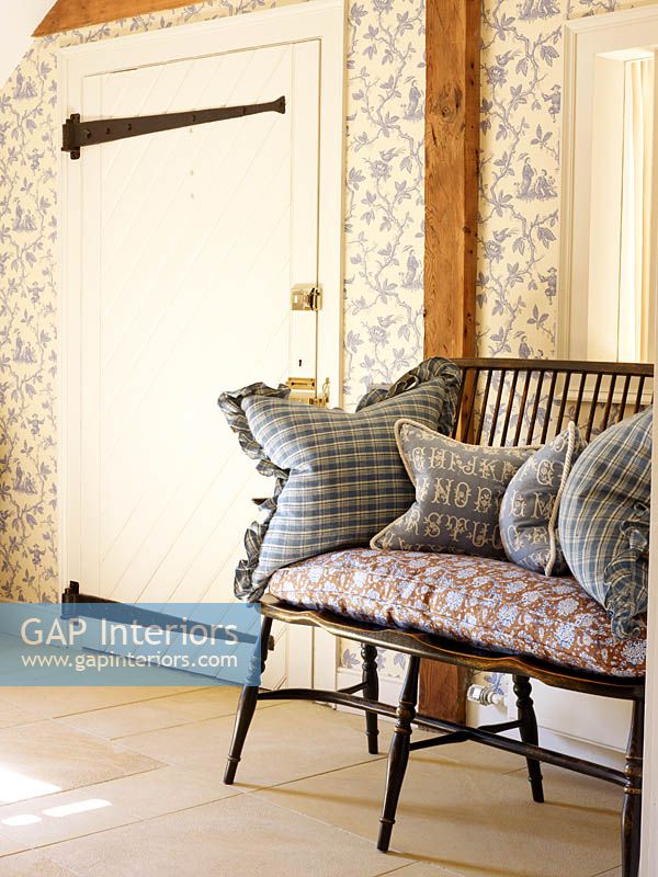 Patterned cushions on bench
