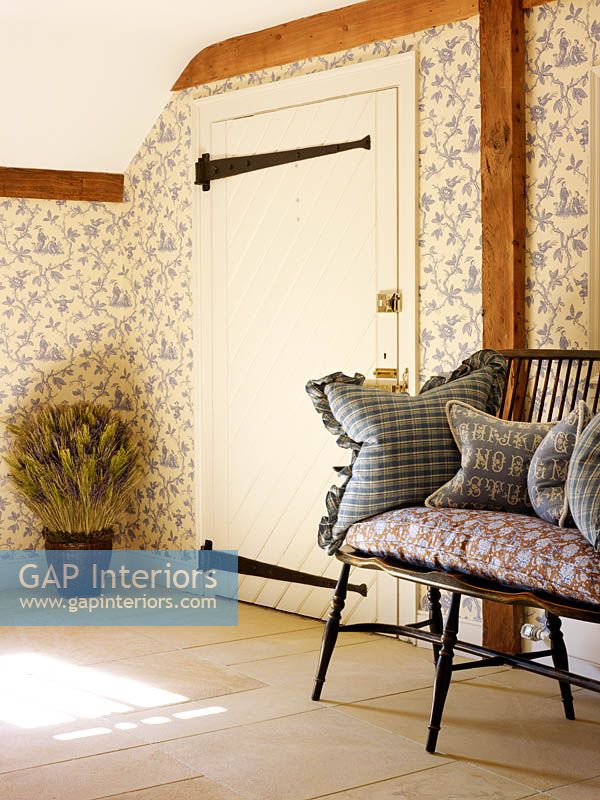 Patterned cushions on bench