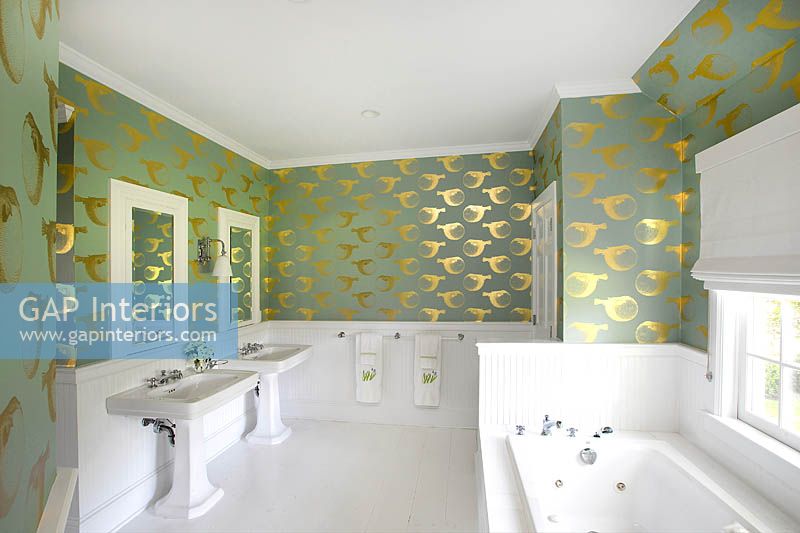 Bathroom with patterned wallpaper
