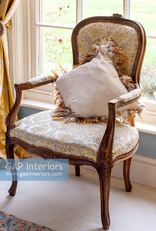 Antique armchair with velvet cushion trimmed with chicken feathers
