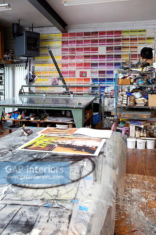Printmakers studio with screen printing bench