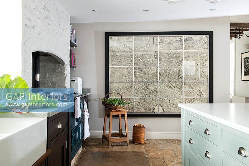 Framed map on kitchen wall