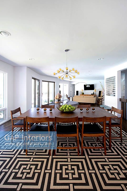 Dining area with patterned rug
