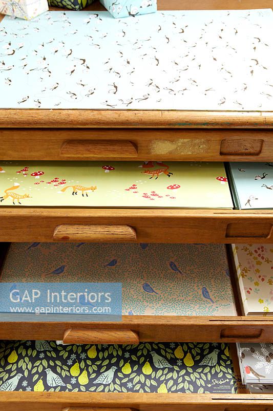 Patterned wrapping paper in wooden chest
