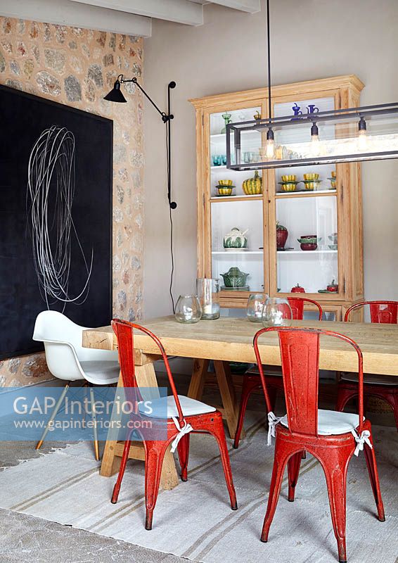 Red chairs at dining table