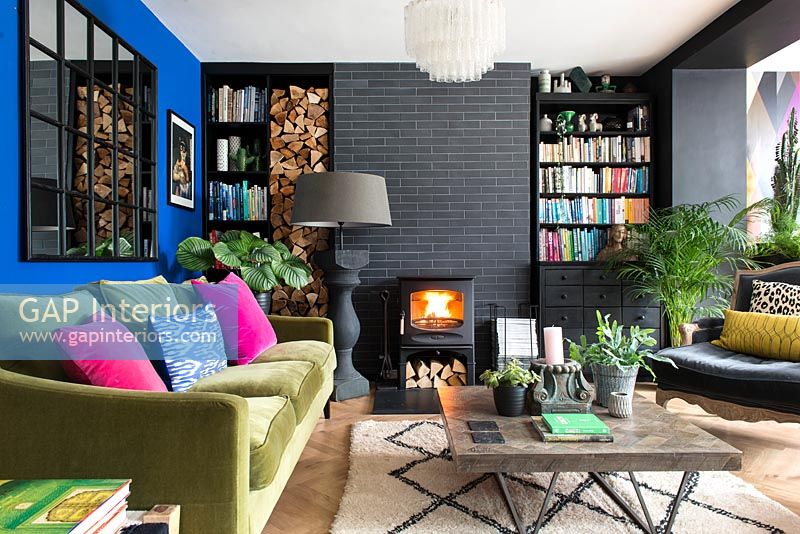 Colourful seating area with fireplace