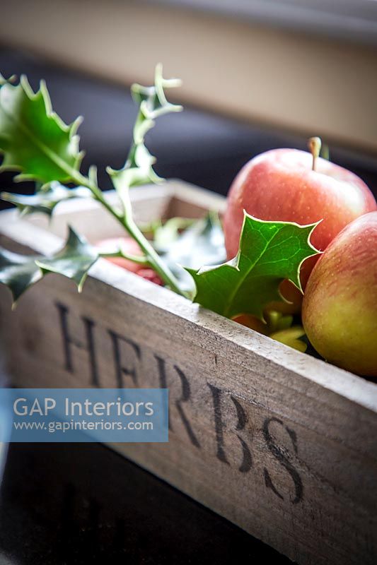 Apples and holly foliage in wooden container