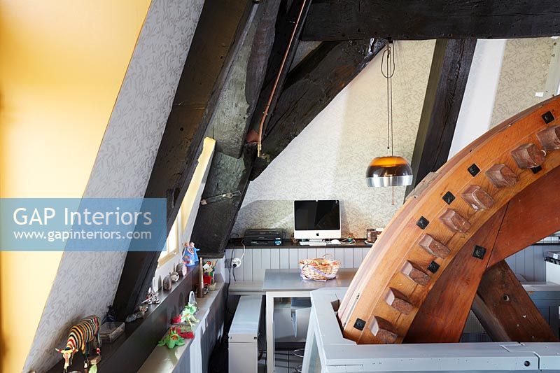Modern computer and desk in converted C16th Dutch Windmill