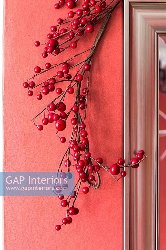 Red berry decoration against red painted wall 