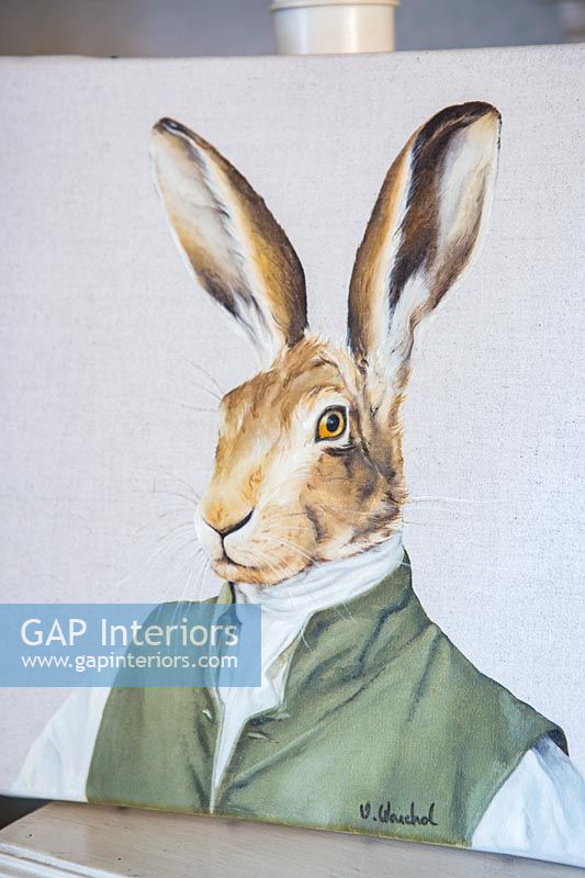 Painting of a hare wearing clothing 