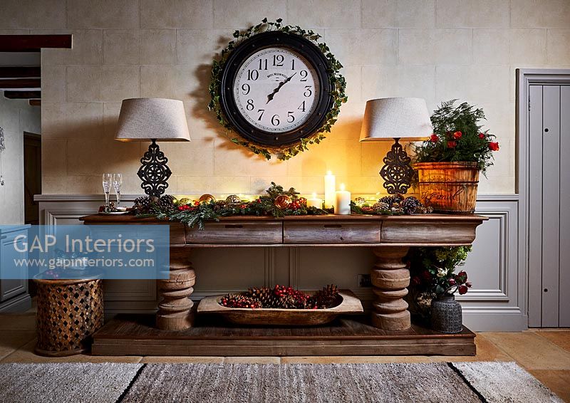 Wooden sideboard decorated for Christmas 