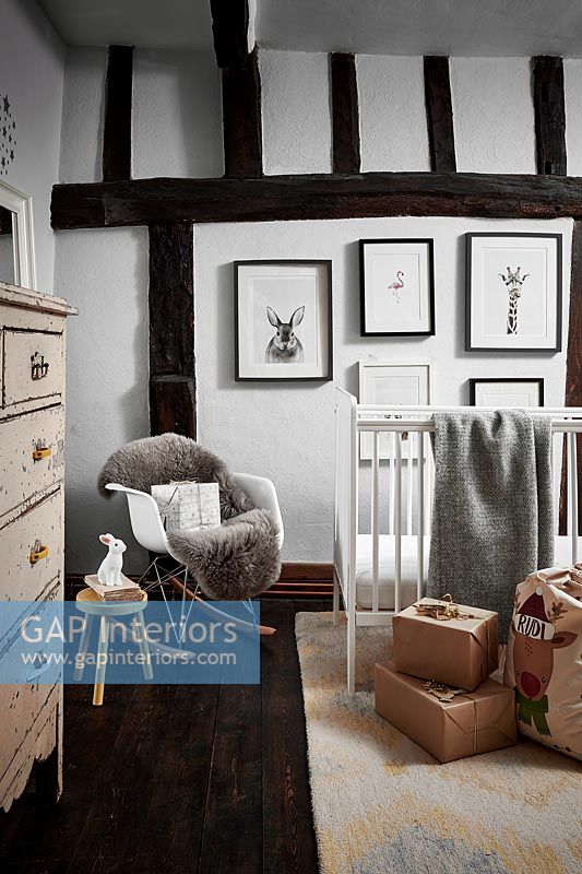 Childrens country bedroom with Christmas gifts 