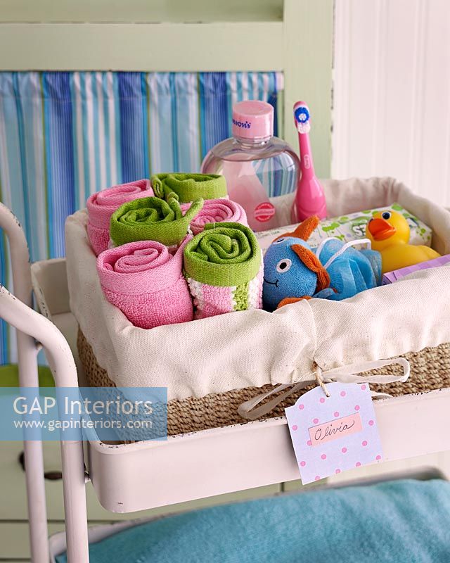 Basket of towels and bath toys and accessories for children 