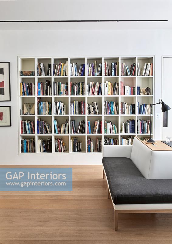 Alcove shelves in modern reading room 
