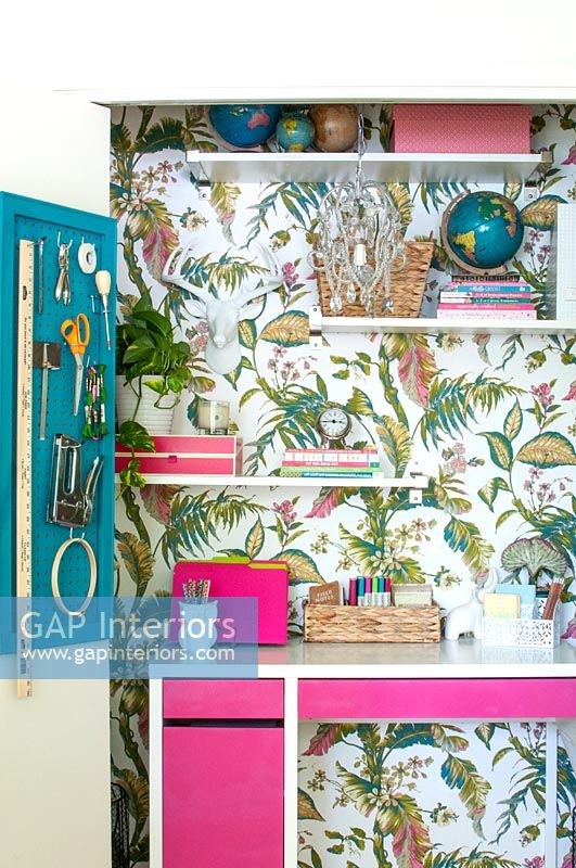 Tiny office with tropical design wallpaper 