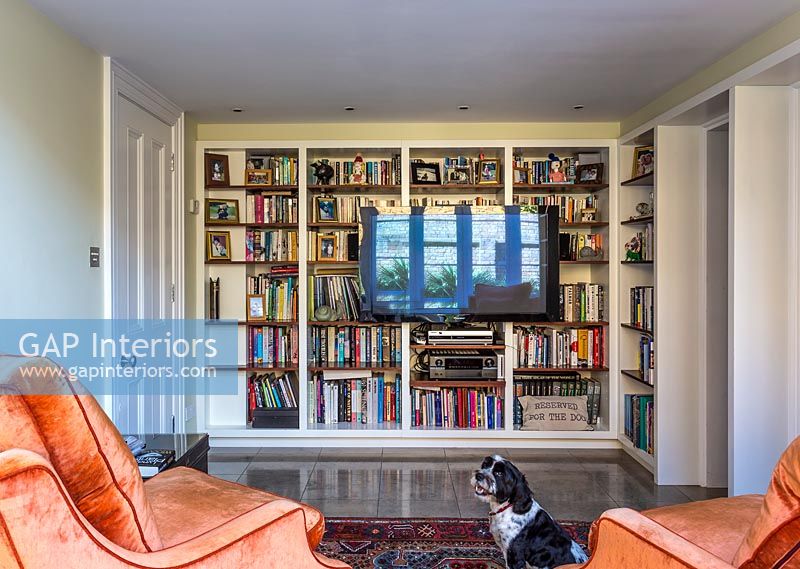 Large bookcase wall in modern living room 