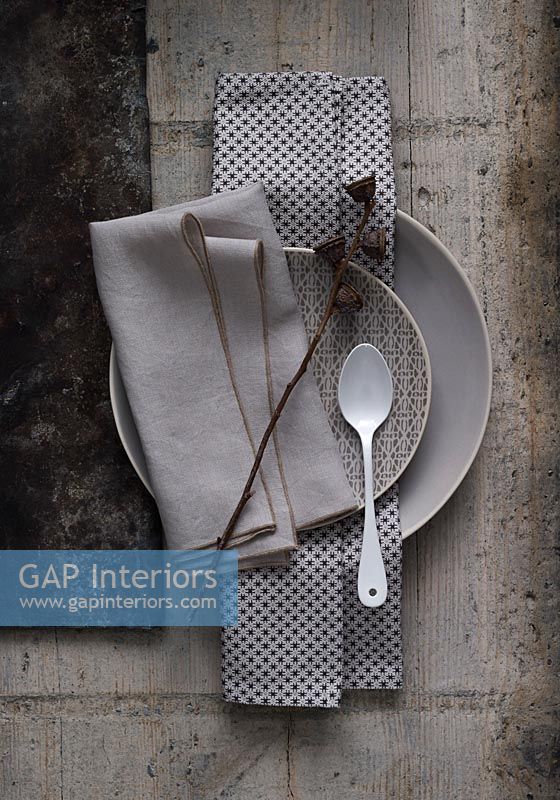 Plates and napkins on rustic table - in muted tones 