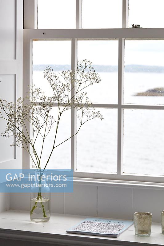Wildflowers in vase on windowsill with coastal views 