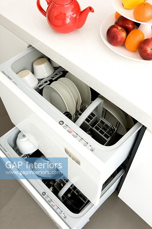 Open dishwasher in contemporary kitchen