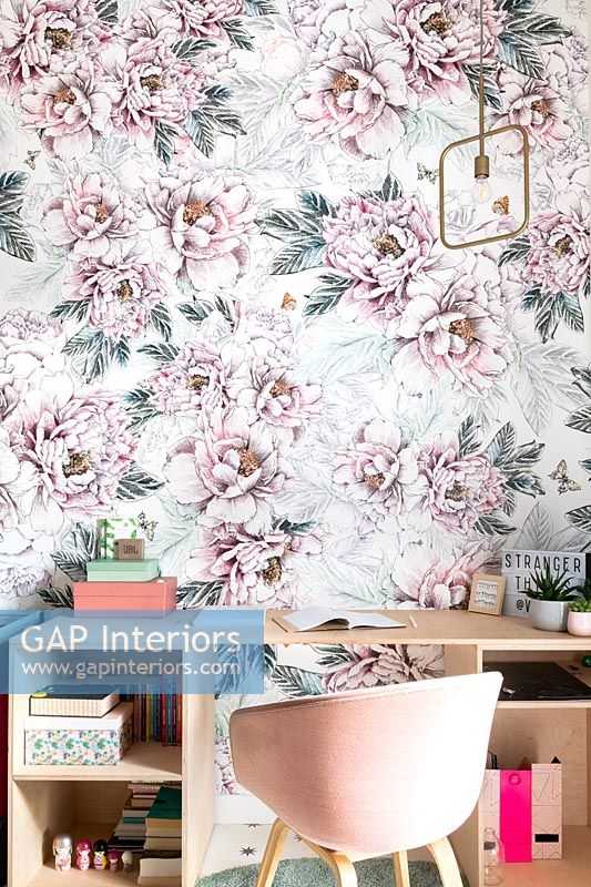 Floral wallpaper in modern study 